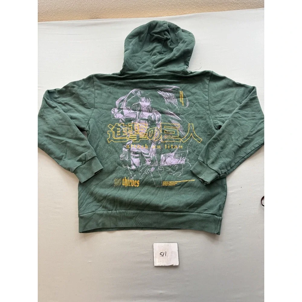 100 Thieves x Attack on Titan AOT Hoodie Mens Green Graphic Sweatshirt M